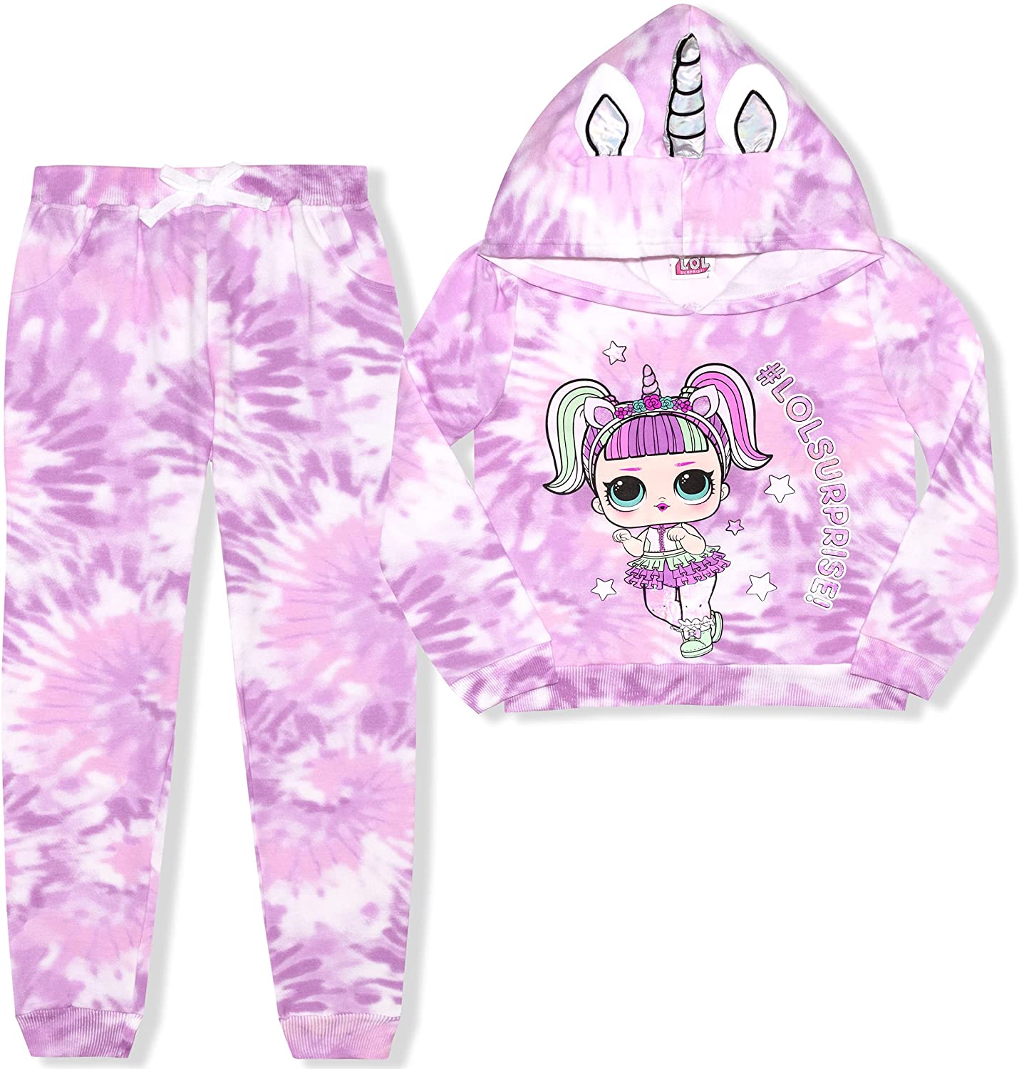 MGA Girl's 2-Pack L.O.L. Surprise! Jogger Pant Set with Hoodie, 3D Horn and Ears, Tie Dye Multi-Color