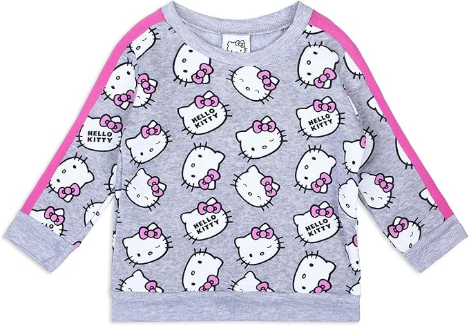 Hello Kitty Girls 2 Piece All Over Print Fleece Crewneck Sweater and Jogger Pant Set - Grey/Pink