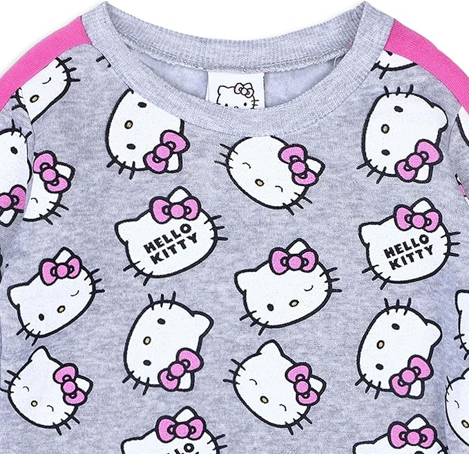 Hello Kitty Girls 2 Piece All Over Print Fleece Crewneck Sweater and Jogger Pant Set - Grey/Pink