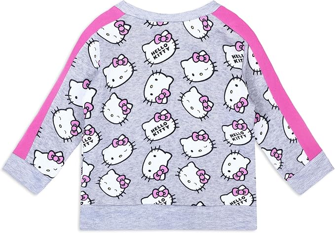 Hello Kitty Girls 2 Piece All Over Print Fleece Crewneck Sweater and Jogger Pant Set - Grey/Pink