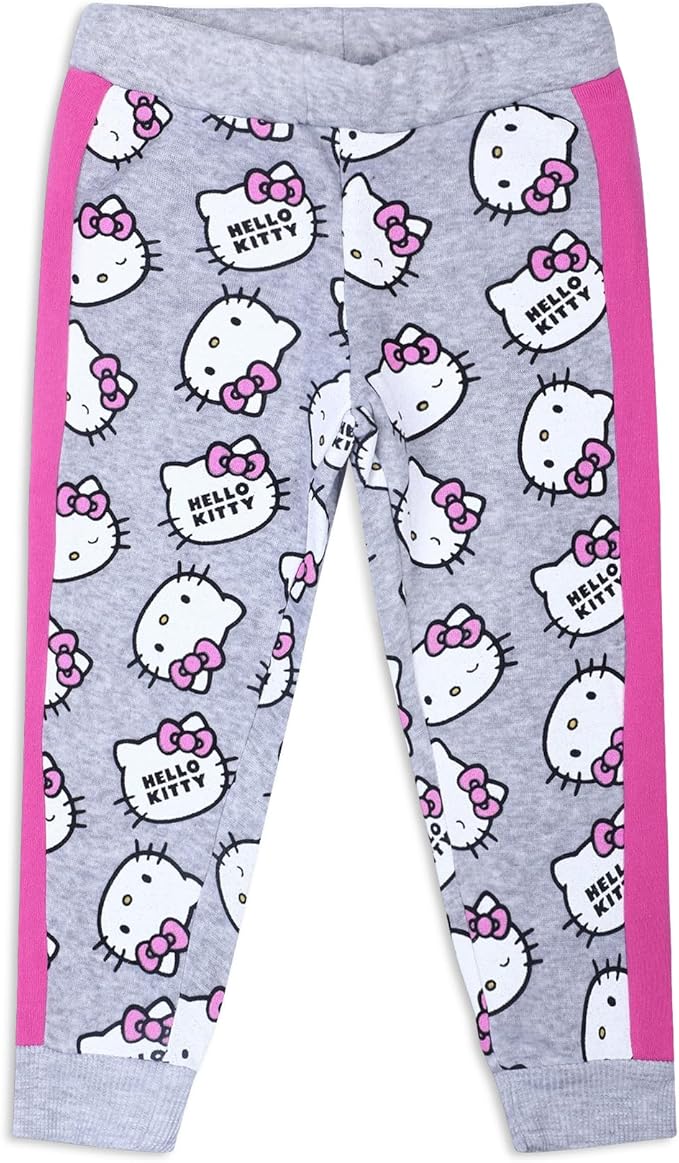 Hello Kitty Girls 2 Piece All Over Print Fleece Crewneck Sweater and Jogger Pant Set - Grey/Pink