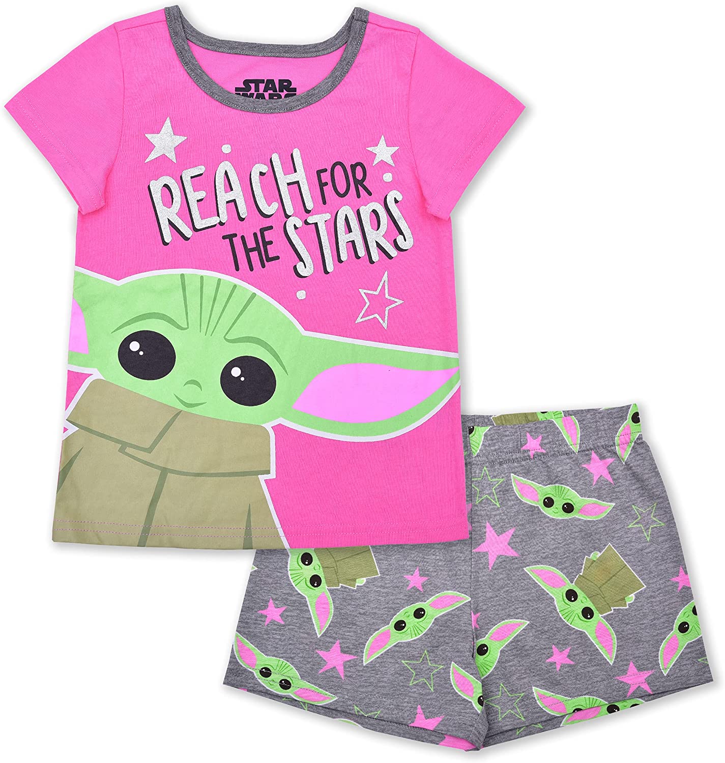 Star Wars Baby Yoda Girls’ T- Shirt and Short Set for Toddler and Little Kids – Pink/Grey