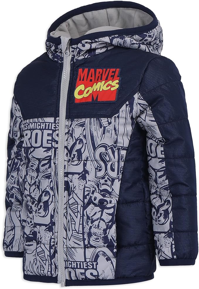 Marvel Avengers Boys Zip Up Hooded Puffer Jacket Winter Coat for Little Kids – Navy/White