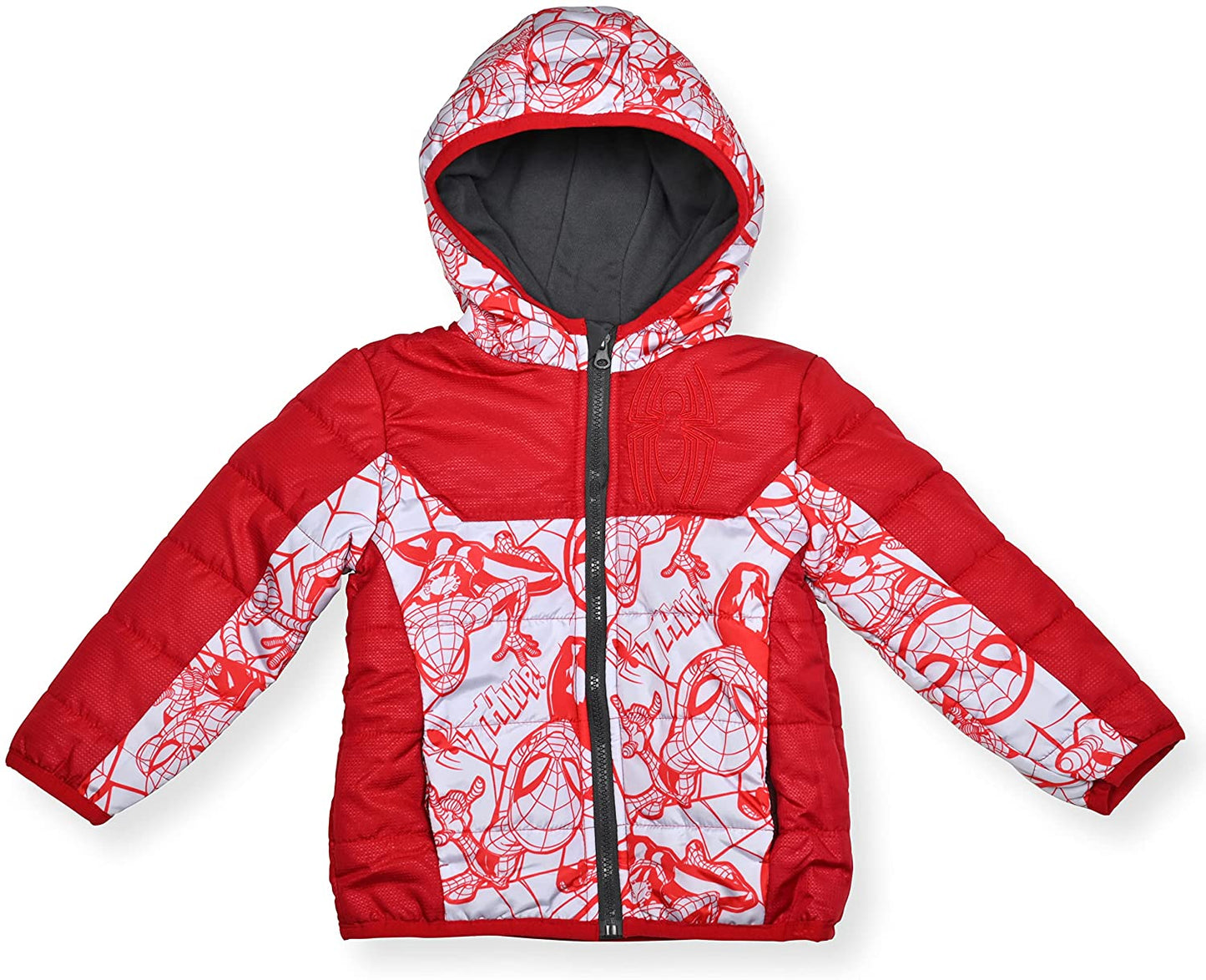Marvel Spiderman Boys Zip Up Hooded Puffer Jacket Winter Coat for Little Kids – Red/White