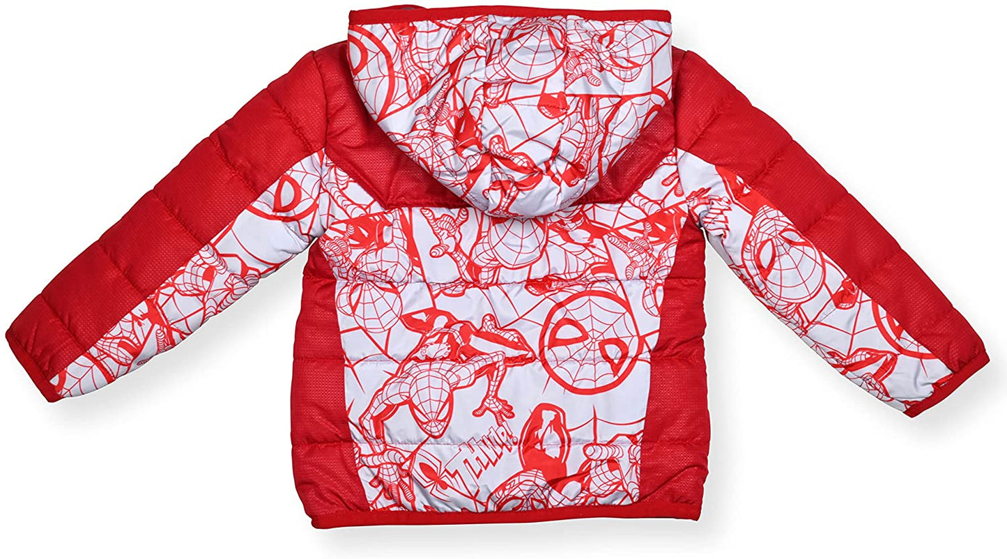 Marvel Spiderman Boys Zip Up Hooded Puffer Jacket Winter Coat for Little Kids – Red/White