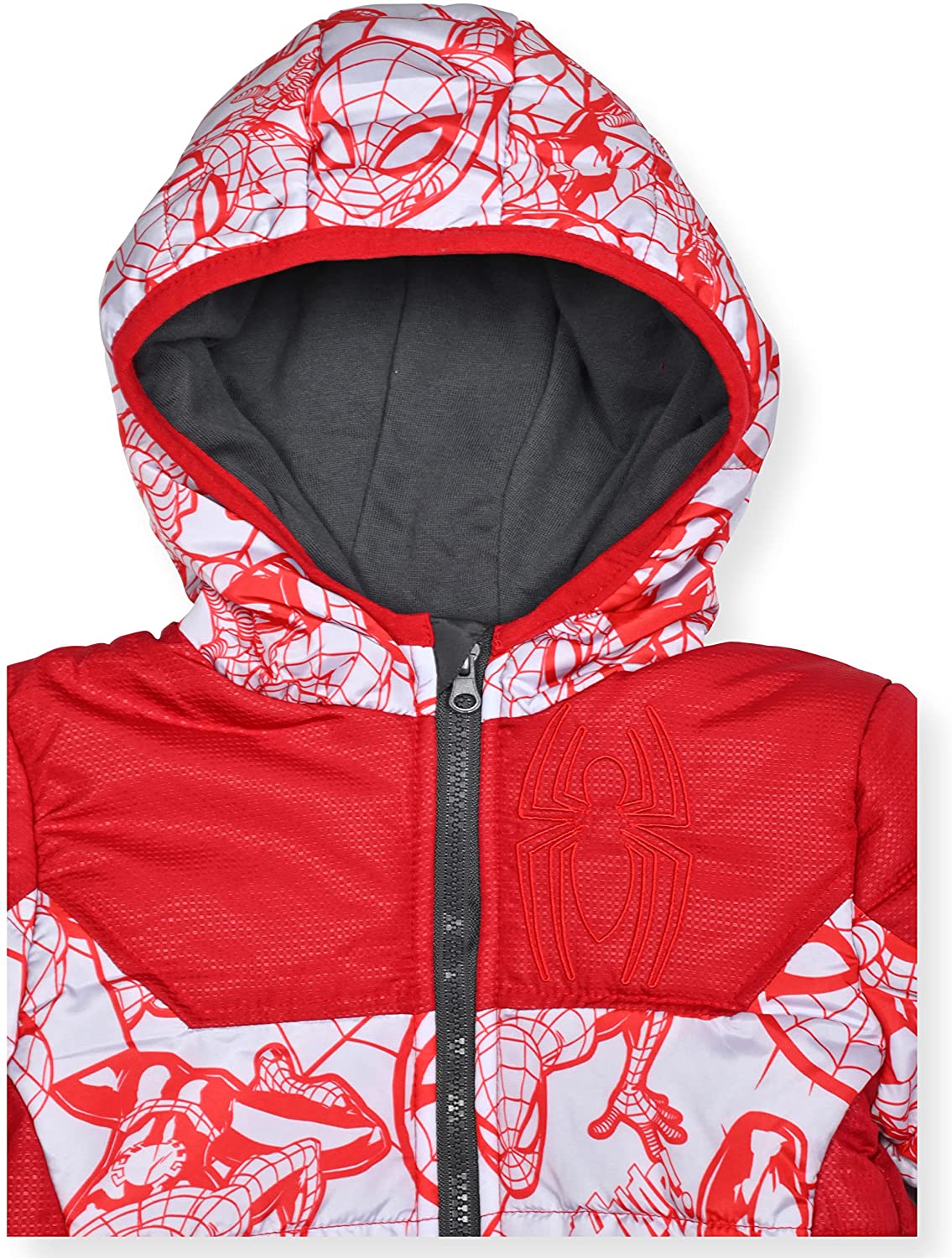 Marvel Spiderman Boys Zip Up Hooded Puffer Jacket Winter Coat for Little Kids – Red/White