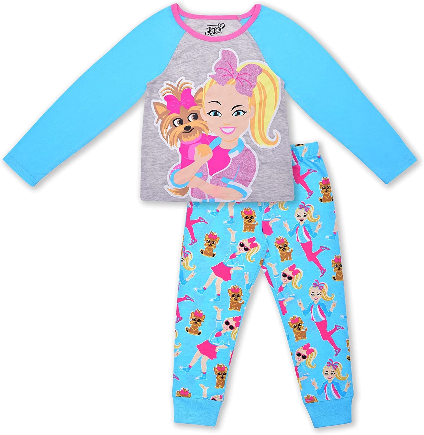 Nickelodeon Jojo Siwa Girls’ Long Sleeve Shirt and Jogger Set for Toddler and Little Kids – Blue/Grey
