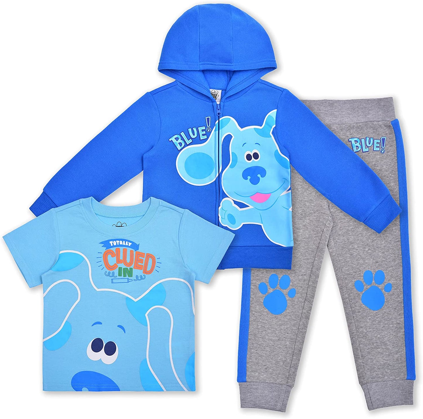 Nickelodeon Blue’s Clues Boys 3 Piece T-Shirt, Zip Up Hoodie and Joggers Set for Infants and Toddlers – Blue/Grey