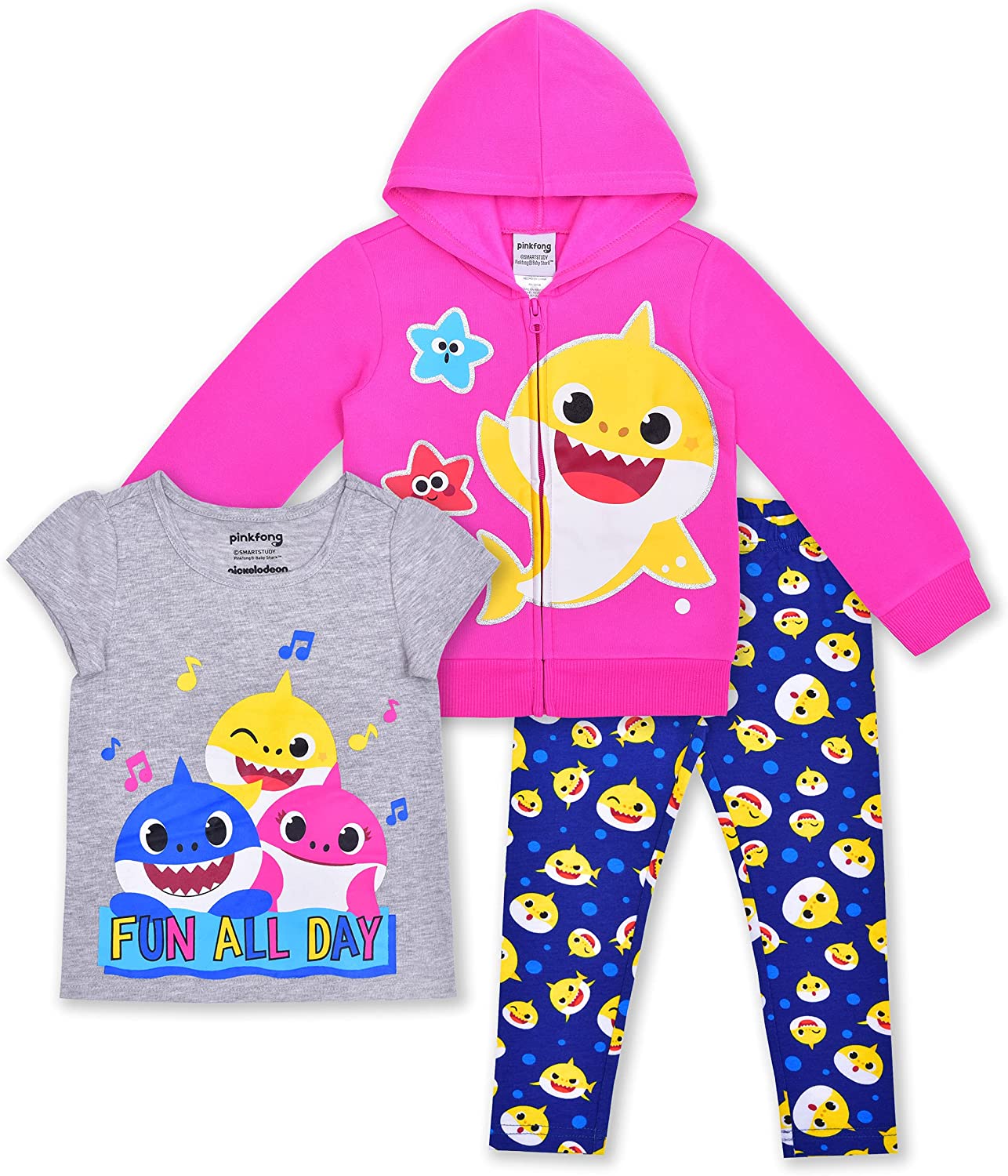 Baby Shark Nickelodeon Girl 3 Piece T-Shirt, Zip Up Hoodie and Leggings Set for Toddler and Little Kids - Pink/Blue/Grey
