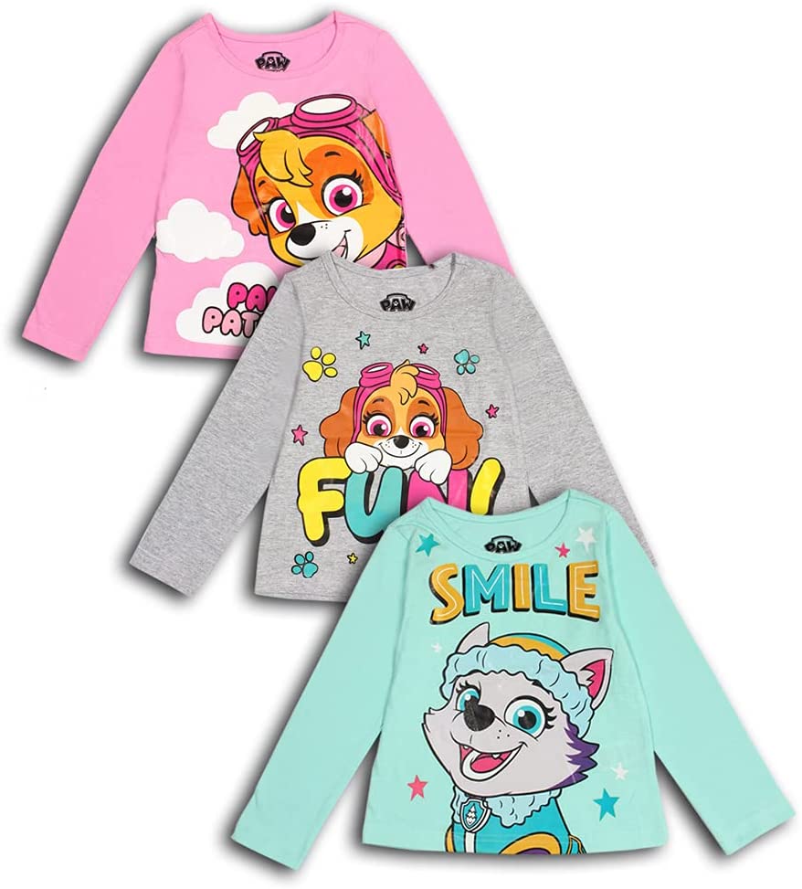 Paw Patrol Everest and Skye Girls 3 Pack Long Sleeve T-Shirts - Blue/Grey/Pink