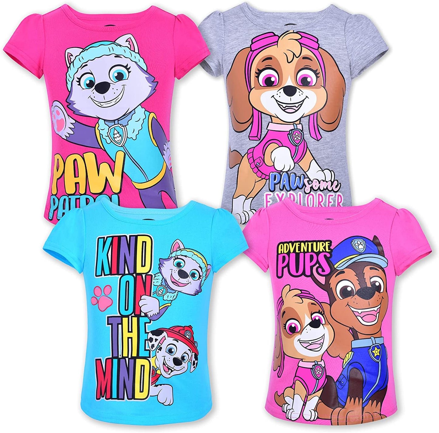 Nickelodeon Paw Patrol Skye and Everest Girls’ Short Sleeve Shirt 4 Pack for Toddler and Little Kids – Blue/Purple/Pink