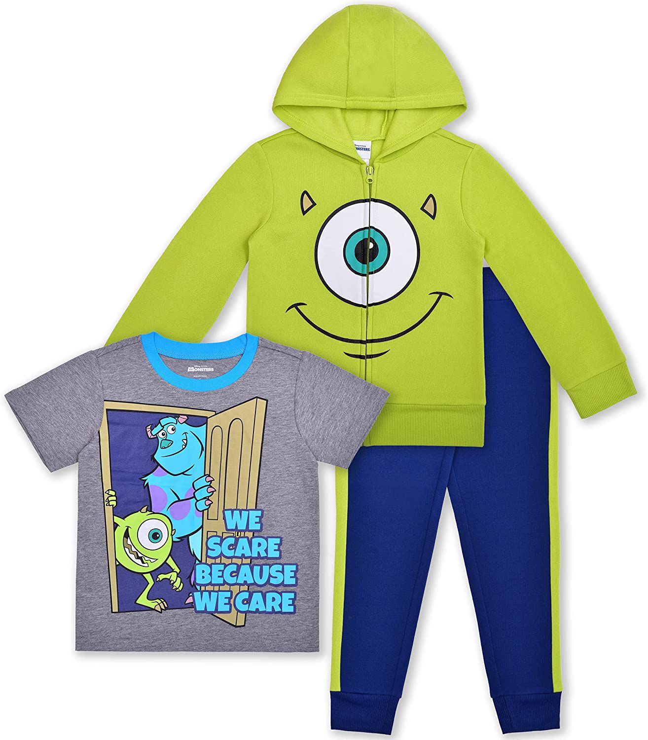 Disney Monsters Inc Boys Mike and Sully T-Shirt, Zip Up Hoodie and Jogger Pants Set for Toddler and Little Kids