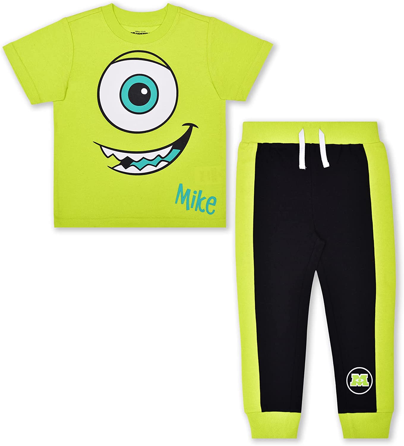 Disney Monsters Inc. Boys’ Mike and Sully T-shirt and Jogger with Drawstring Set for Toddler and Little Kids – Green Blue