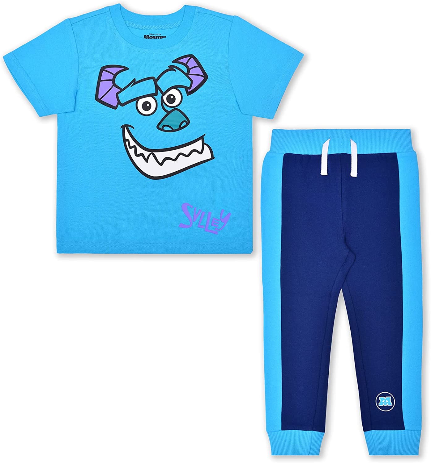 Disney Monsters Inc. Boys’ Mike and Sully T-shirt and Jogger with Drawstring Set for Toddler and Little Kids – Green Blue