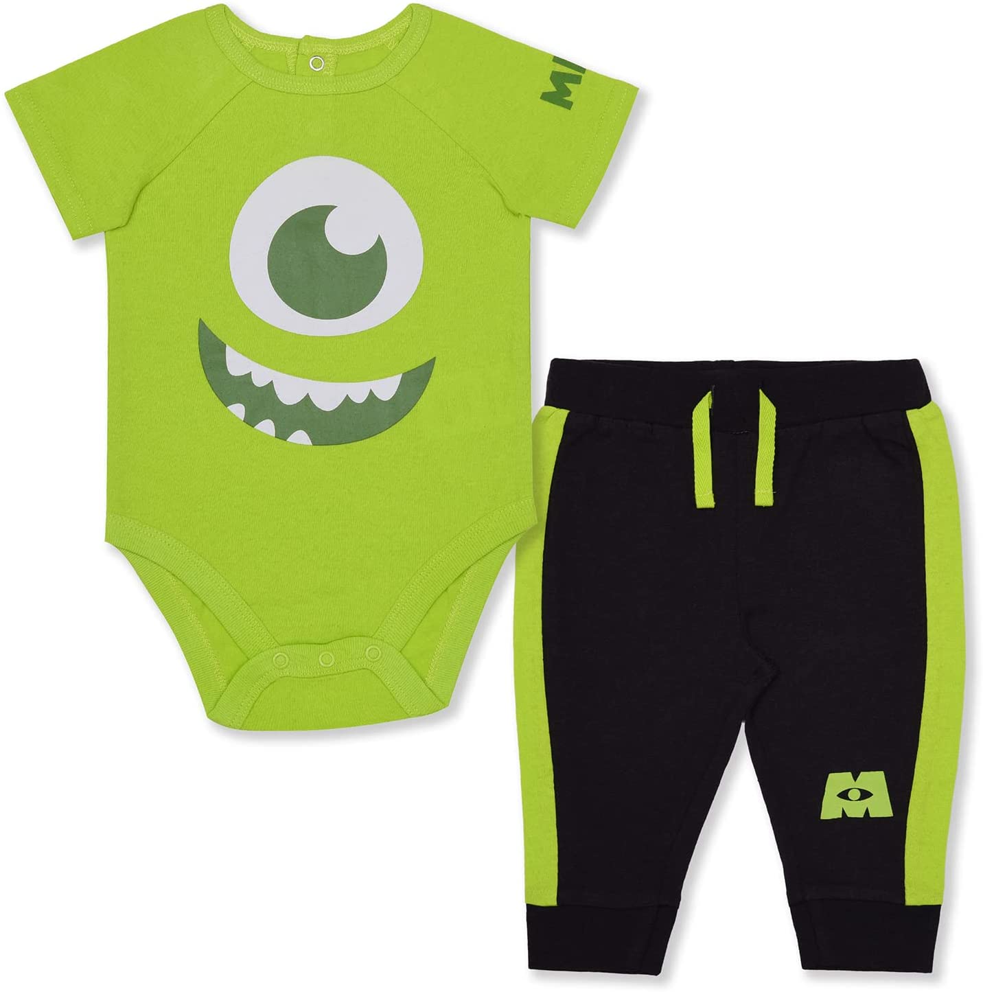 Disney Monsters Inc Boys’ Mike or Sully Short Sleeve Bodysuit and Jogger Pants Set for Newborn and Infant
