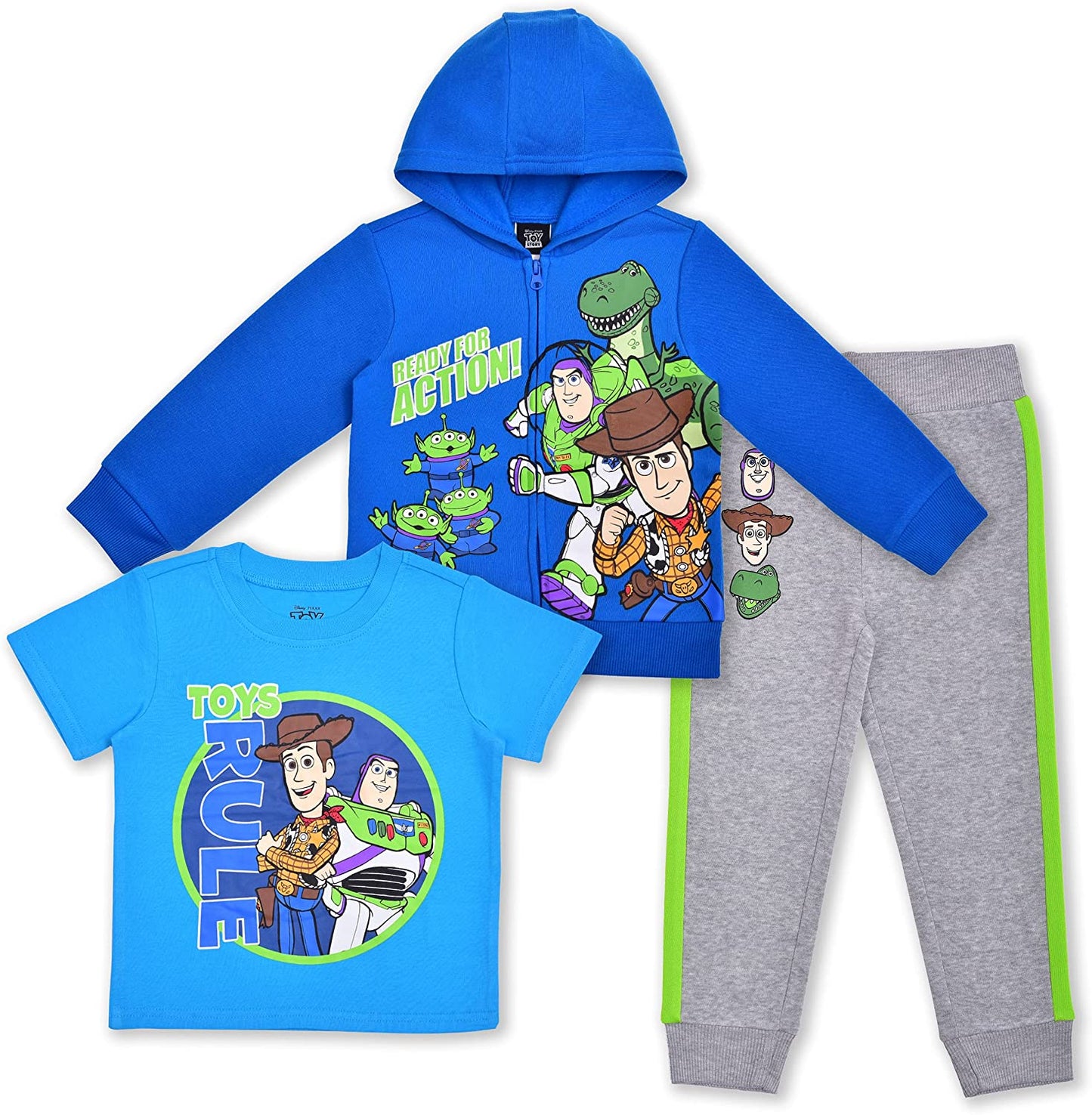 Disney Toy Story Boys T-Shirt, Zip Up Hoodie and Jogger Pants Set for Toddler and Little Kids – Green/Blue