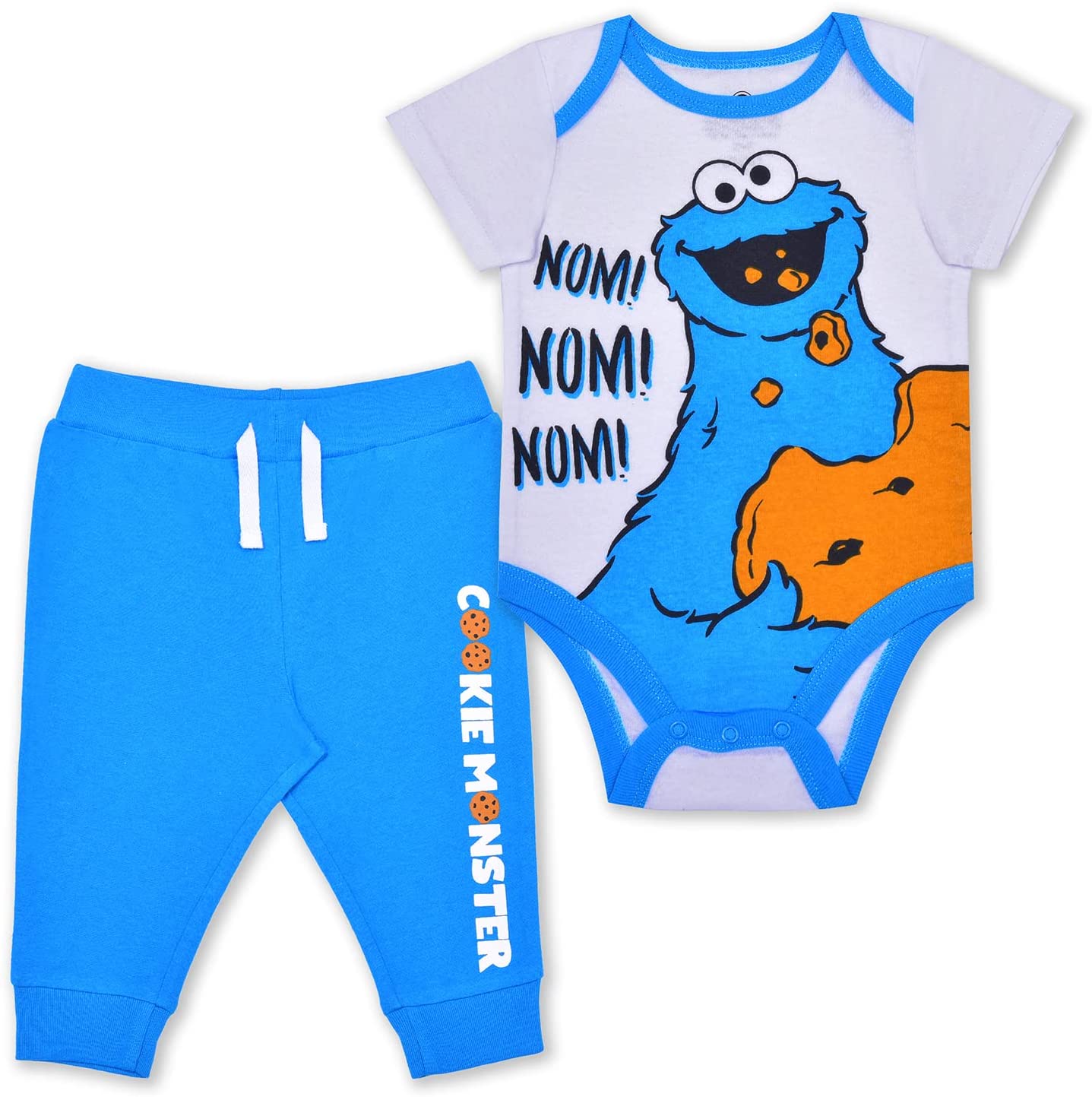 Sesame Street Boys’ Cookie Monster Bodysuit and Jogger Set for Newborn and Infant – Blue/White