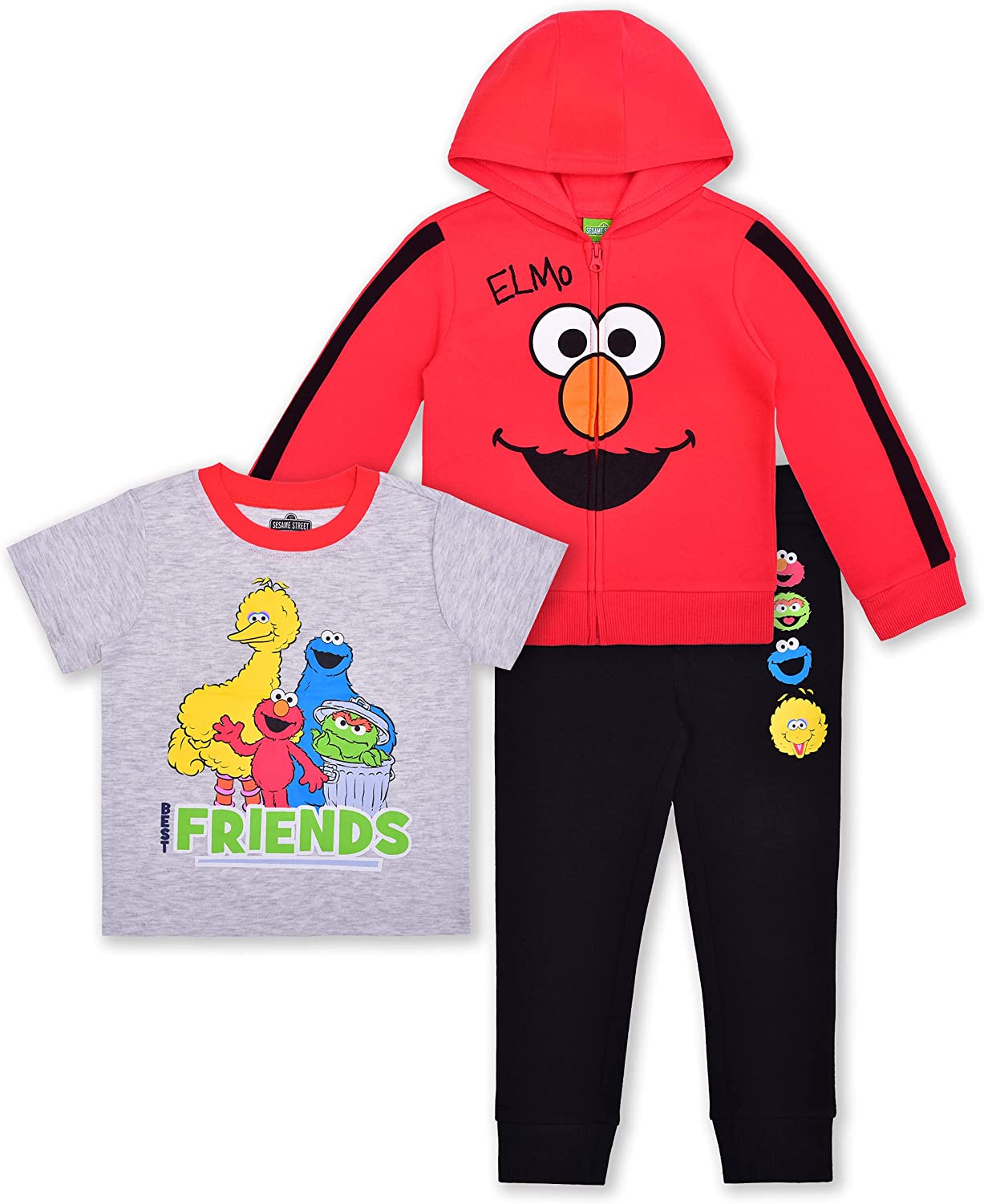 Sesame Street Zip Up Hoodie, Shirt and Jogger Pant Bundle for Boys, Active Wear for Kids, Size 12M Red