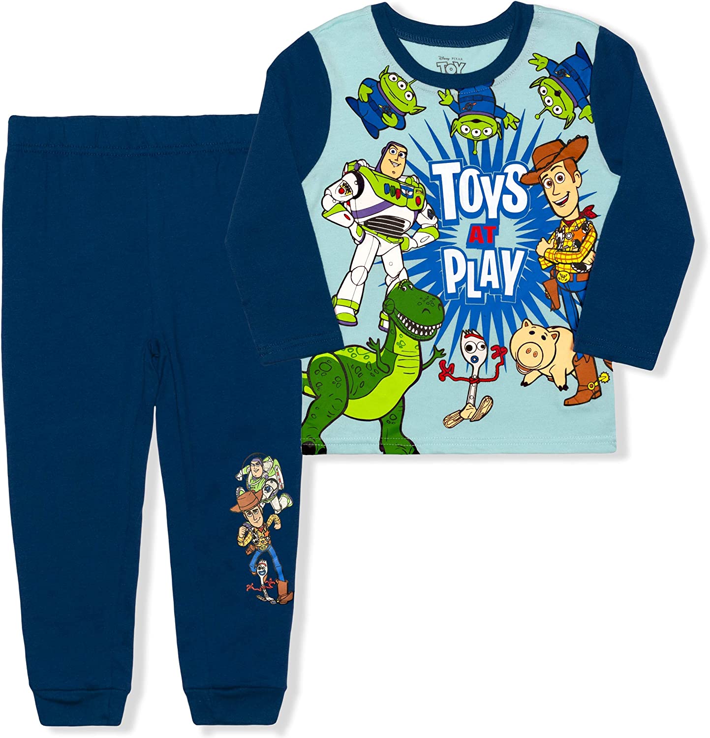 Disney Toy Story Boys’ Buzz Lightyear, Woody and Aliens Long Sleeve Shirt and Jogger for Toddler and Little Boys