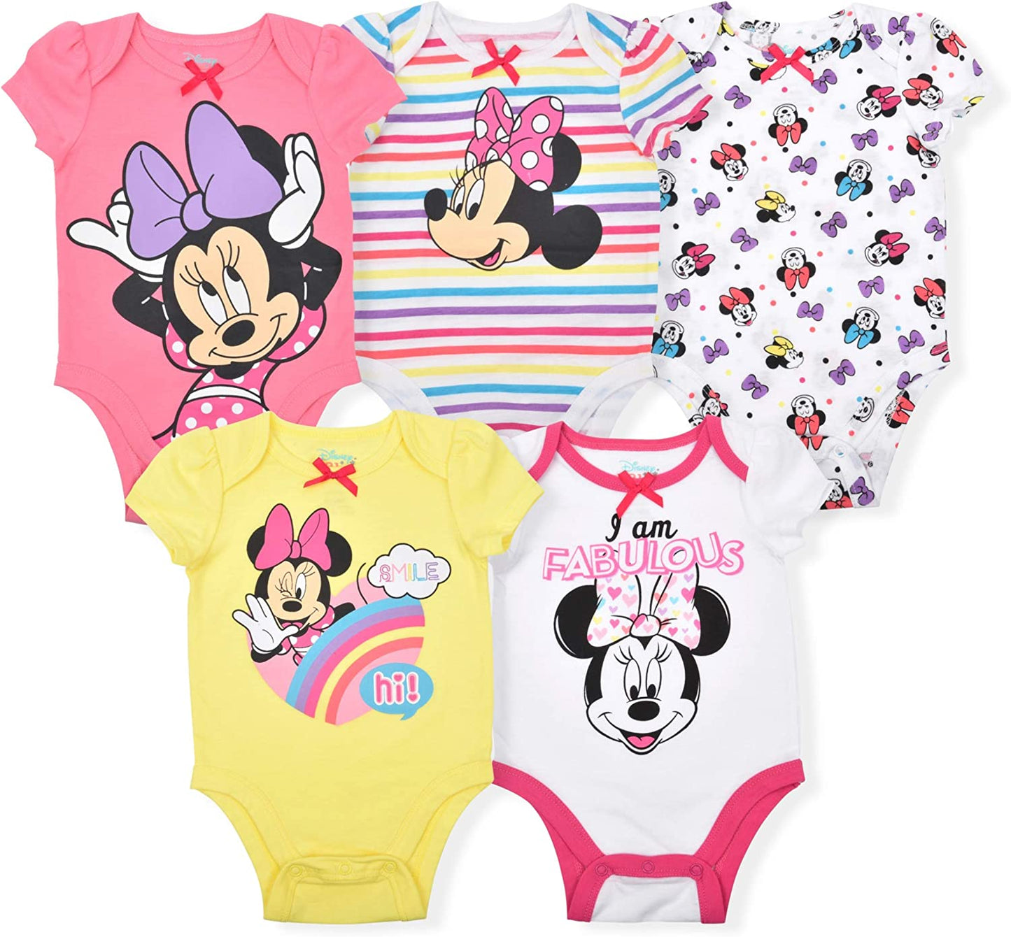 Disney Minnie Mouse Girls’ 5 Pack Bodysuits for Newborn and Infant – Pink/White/Yellow