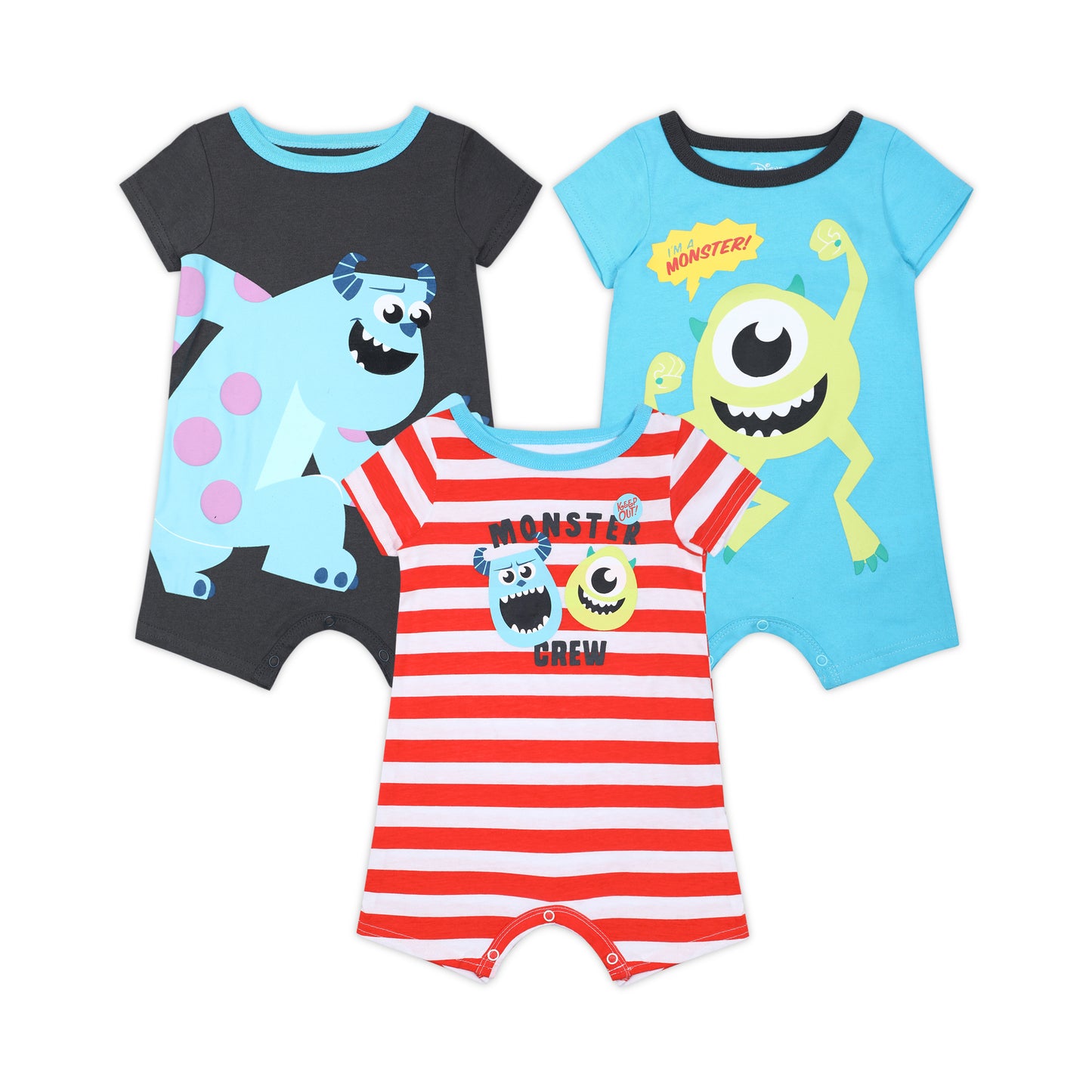Disney Monsters Inc. Mike and Sulley Boys’ 3 Pack Rompers for Newborn and Infant – Blue/Red/Grey