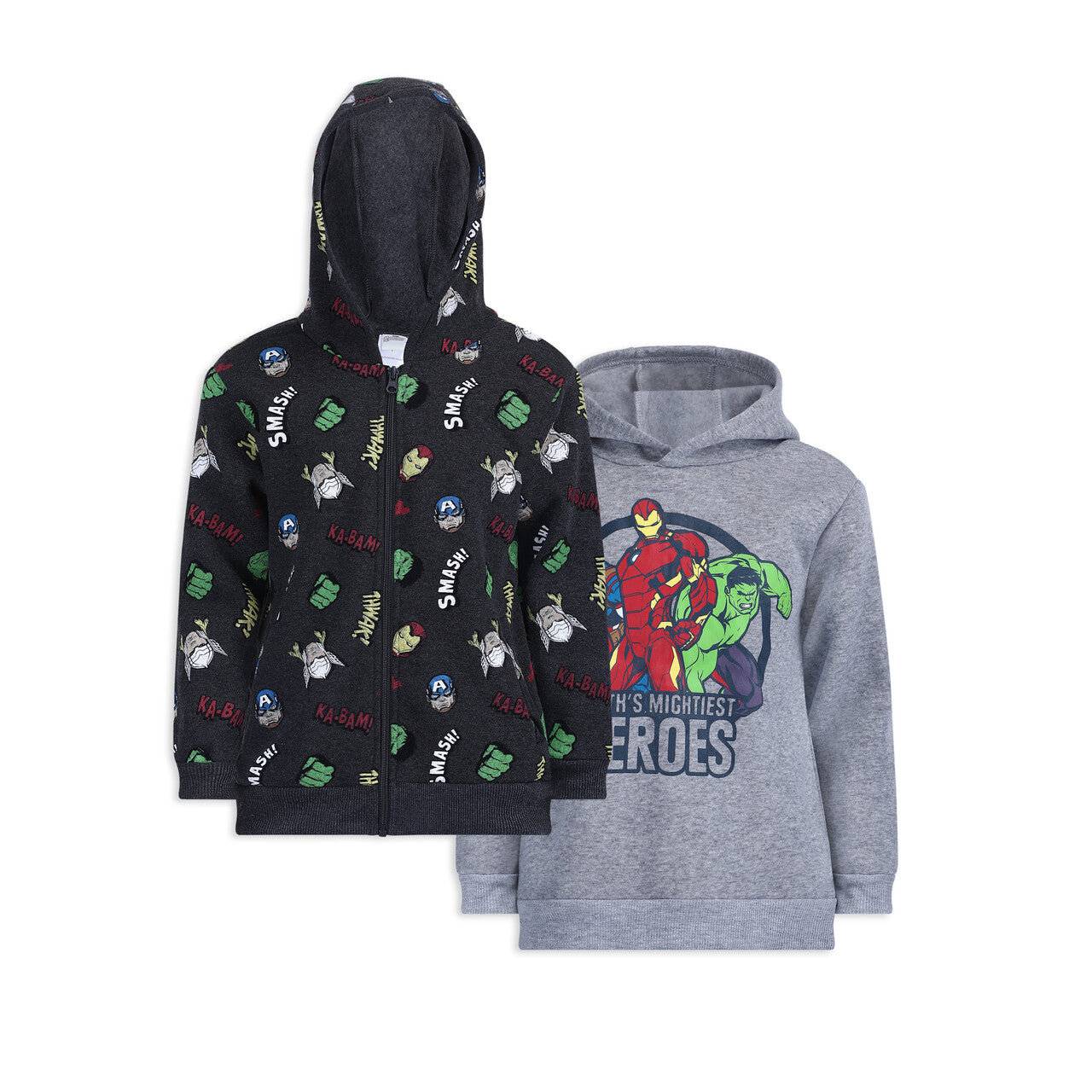 Marvel Avengers Iron Man, Hulk and Captain America Boys 2 Pack Hoodies for Toddler and Little Kids – Black/Grey