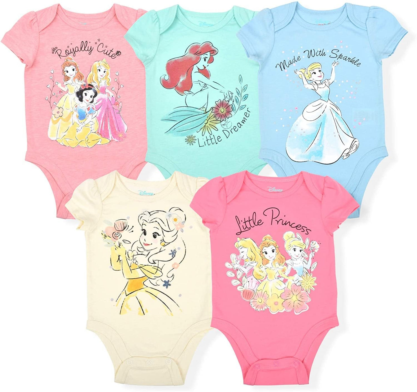 Disney Princess Girl's 5-Piece Short Sleeve Baby Bodysuit Creeper Multi-Colored Set