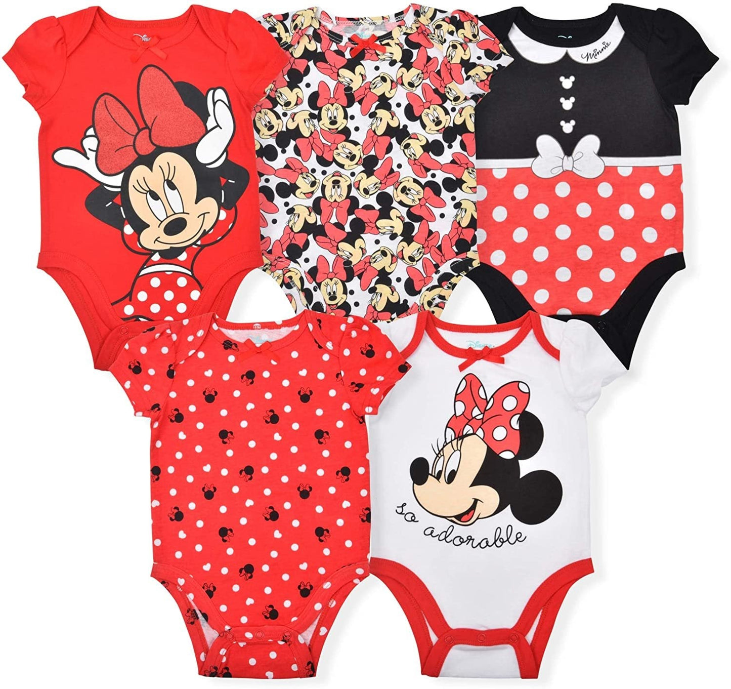 Disney Minnie Mouse Girls’ 5 Pack Bodysuits for Newborn and Infant – Red/White/Black