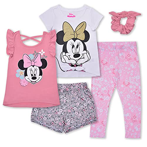 Disney Minnie Mouse Girls’ Tank Top, T-Shirt, Short, Legging and Scrunchie Set for Toddler and Little Kids