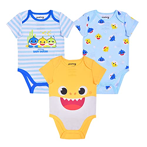 Nickelodeon Baby Shark Boys’ 3 Pack Short Sleeve Bodysuit for Newborn and Infant – Blue/Yellow