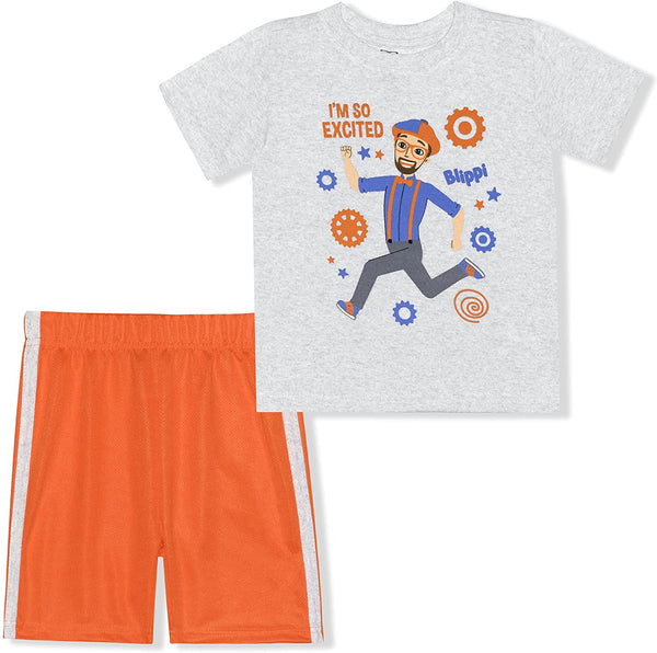 Blippi 2 Pack Short Sleeve Tee Shirt and Mesh Shorts Set for Boys, Toddler’s Sportswear Light Gray