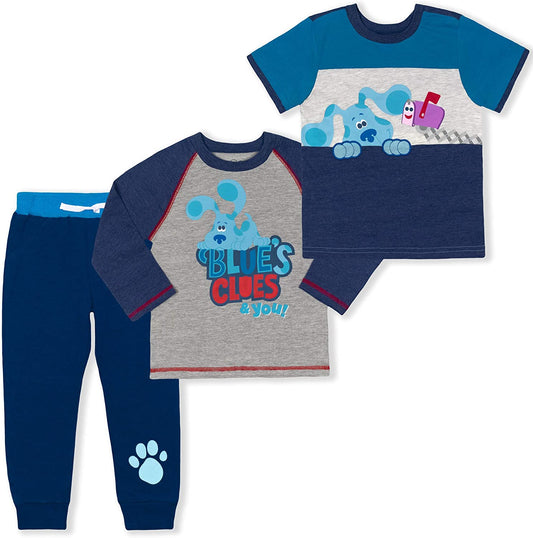 Nickelodeon Blue’s Clues Boys T-Shirt, Long Sleeve Shirt and Jogger Set for Toddler – Navy/Grey