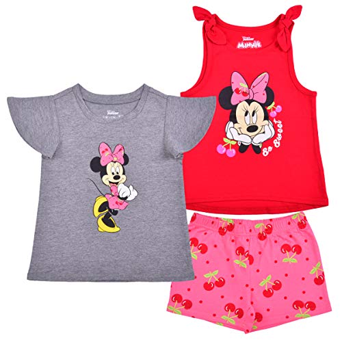 Disney Minnie Mouse Girls’ Short Sleeve Shirt, Tank Top and Shorts Set for Toddler and Little Kids – Pink/Red/Grey