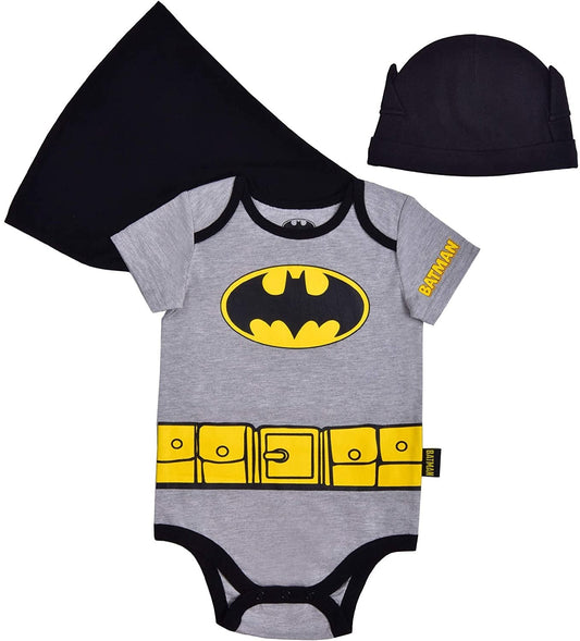 Batman Boys’ Bodysuit With Cape and Hat Set for Newborn and Infant – Grey/Black