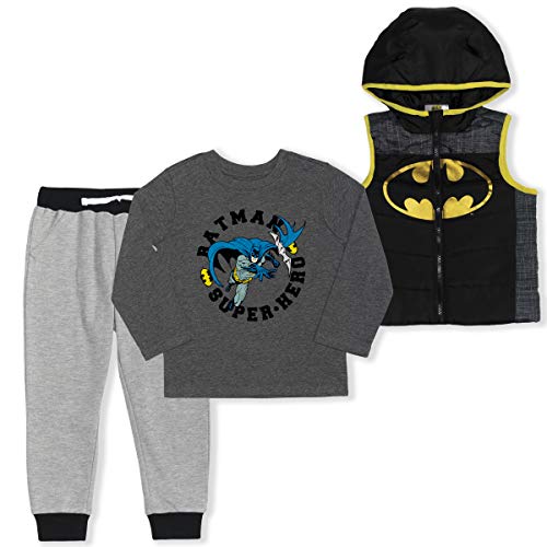 Warner Bros DC Comics Batman Boys Long Sleeve Shirt, Vest and Jogger Pants Set for Toddler - Black/Grey/Yellow