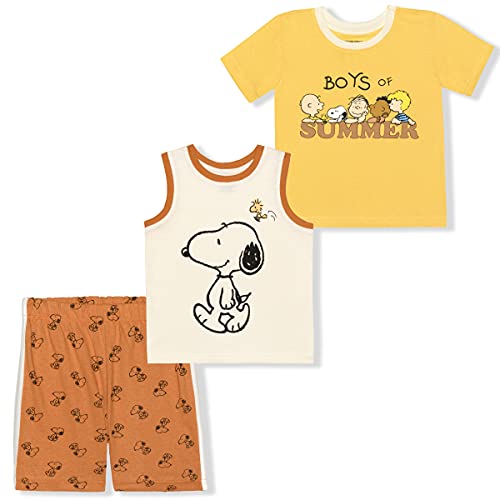 Snoopy Boys’ 3 Piece T-Shirt, Tank Top and Short Set for Infant and Toddler - Yellow/Orange/White or Blue/White