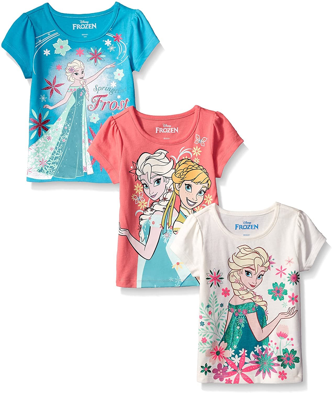 Disney Frozen Elsa and Anna Girls’ Short Sleeve Shirt 3 Pack for Toddler and Little Kids – Pink/Blue/White