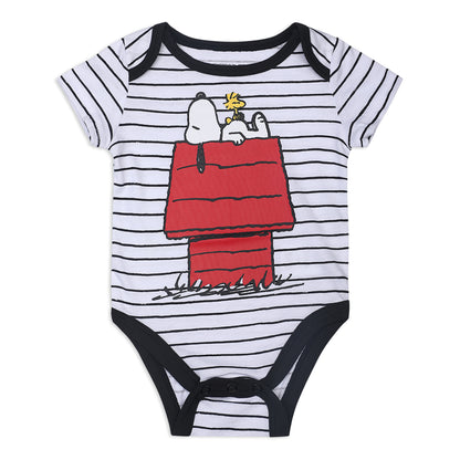 Peanuts Snoopy Boys’ 4 Pack Short Sleeve Bodysuit for Newborn and Infant – Red/White/Blue/Grey