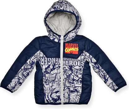 Marvel Avengers Boys Zip Up Hooded Puffer Jacket Winter Coat for Little Kids ? Navy/White