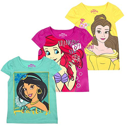 Disney Princess Girls Belle, Ariel and Jasmine 3 Pack T-Shirts for Toddler, Little and Big Girls - Pink/Yellow/Green