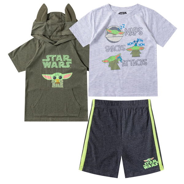 Star Wars Boys Baby Yoda Hooded T-Shirt, T-Shirt and Short Set for Toddler and Little Kids - Green/Grey