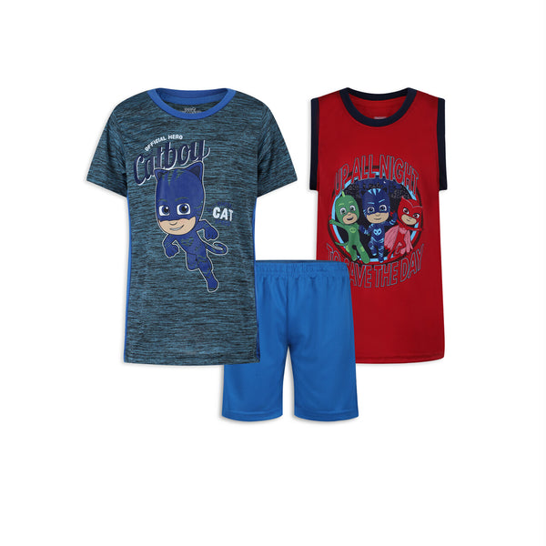 PJ Masks Boy's 3 Piece T-Shirt, Tank Top and Shorts Set for Toddler and Little Kids- Blue/Red/Grey