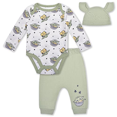 Star Wars Baby Yoda Boys’ Long Sleeve Bodysuit, Jogger and Hat Set for Newborn –White/Green