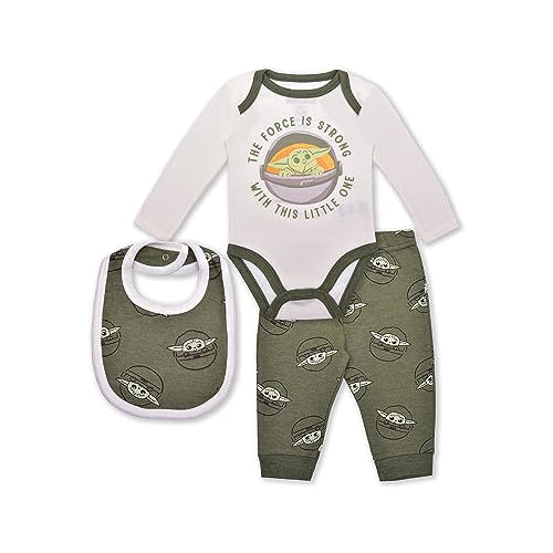 STAR WARS The Mandalorian Baby Yoda Boys? Long Sleeve Bodysuit, Jogger Pants and Bib Set for Newborn ? White/Green