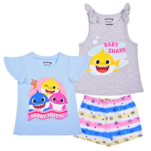 Nickelodeon Baby Shark Girls’ T-Shirt, Tank Top and Short Set for Infant and Toddler – Pink/Blue Or Multicolor/Grey/Blue