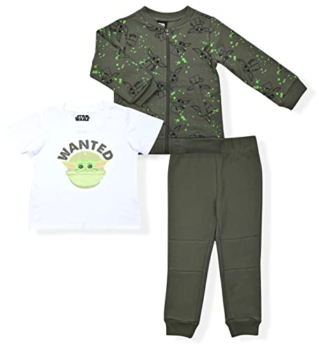 Star Wars Baby Yoda Boys’ Zip Up Jacket, T-Shirt and Jogger Set for Toddler and Little Kids – Green/White