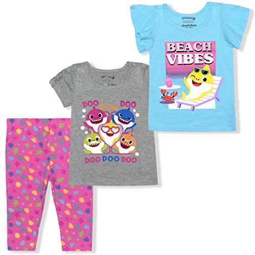 Nickelodeon Baby Shark Girls 3 Piece Matching Set T-Shirts and Leggings Set for Infant and Toddlers– Pink/Blue/Grey