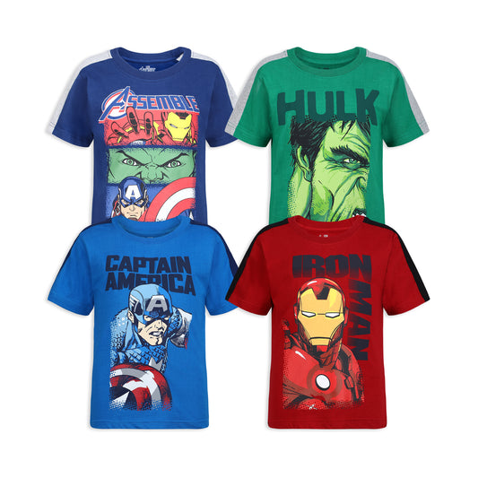 Marvel Avengers Captain America, Hulk and Iron Man Boys’ 4 Pack T-Shirt for Toddler and Little Kids - Navy/Blue/Green/Red