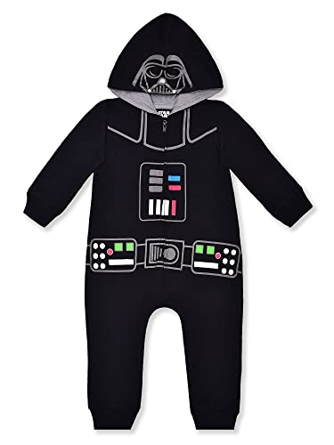 Star Wars Boys’ Darth Vader or Baby Yoda Hooded Zip Up Long Sleeve Romper for Newborn and Infant – Black or Yellow