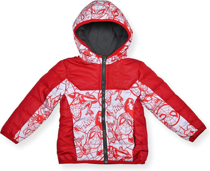 Marvel Spiderman Boys Zip Up Hooded Puffer Jacket Winter Coat for Little Kids ? Red/White